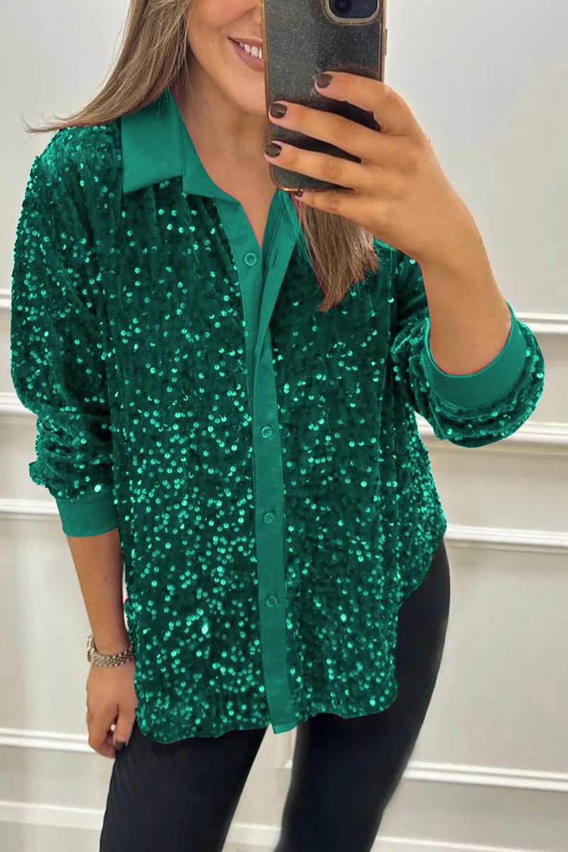 GleamAllure® | Sequined Button-Up Shirt