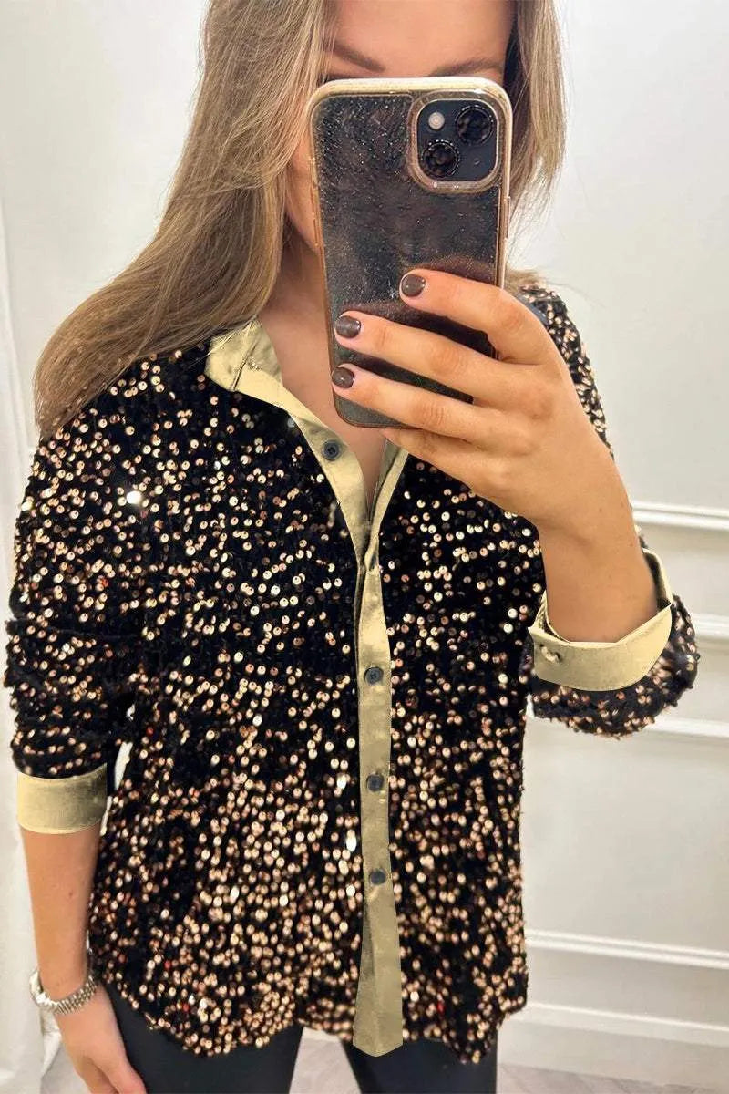 GleamAllure® | Sequined Button-Up Shirt