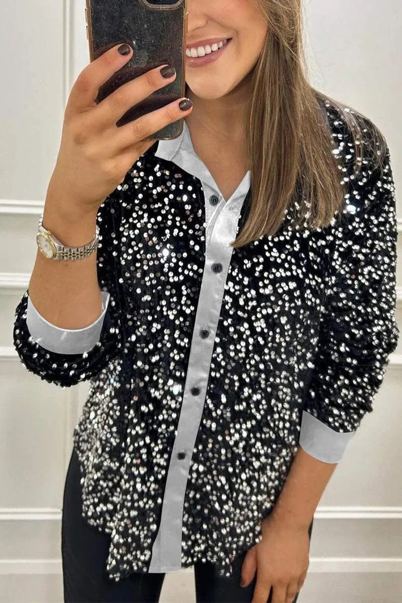 GleamAllure® | Sequined Button-Up Shirt